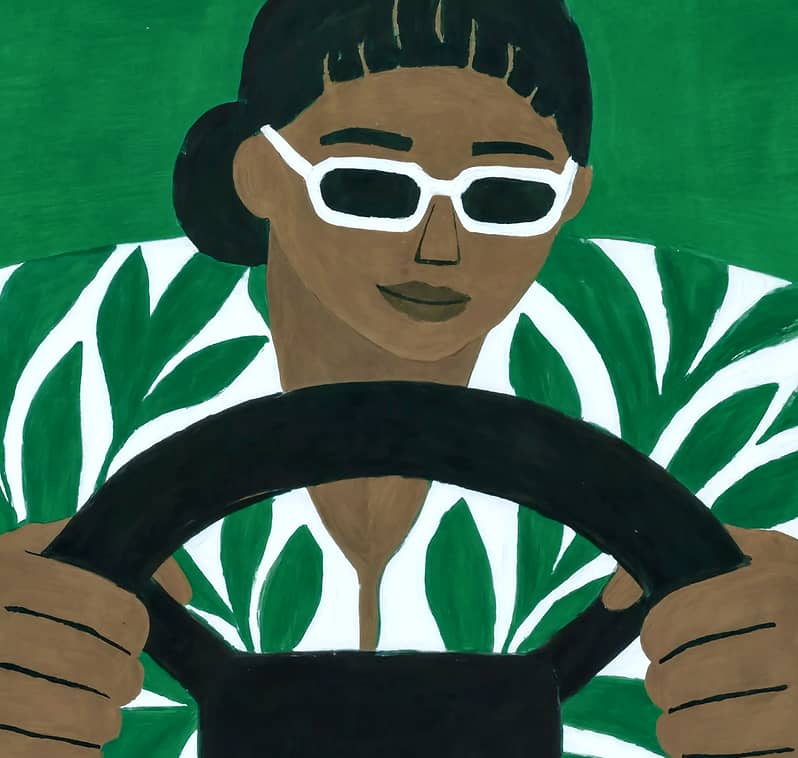 A close-up illustration of a person driving a car, with their hands on the steering wheel and wearing stylish white sunglasses.